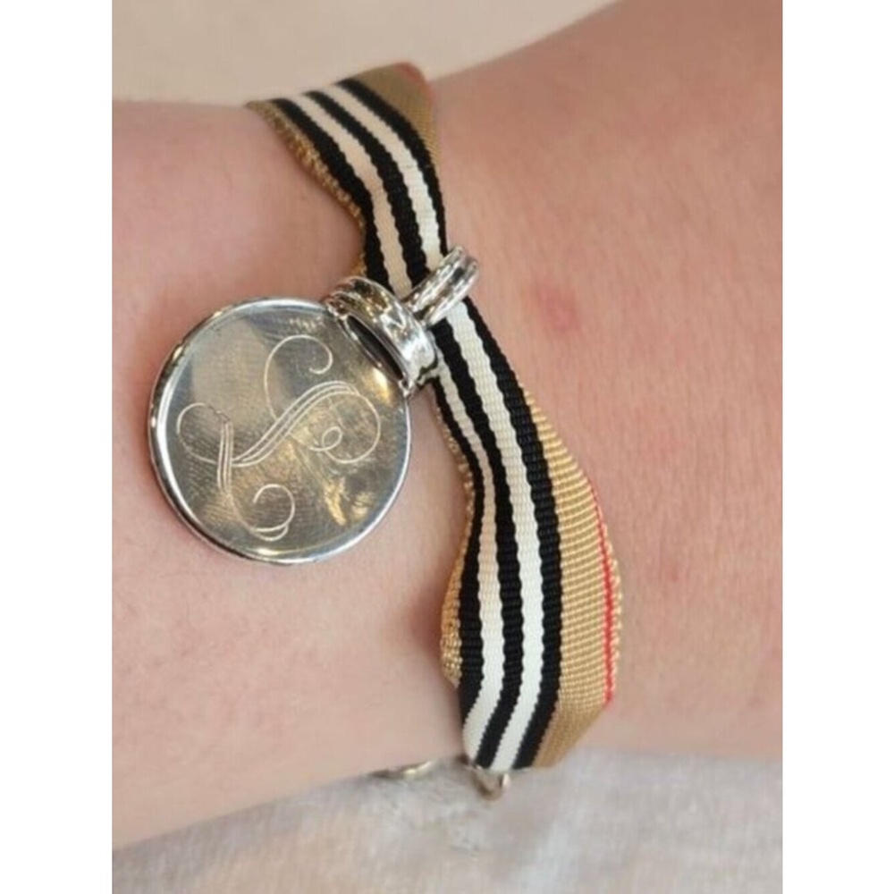 Striped Tan and Black Ribbon Bracelet with Silver 925 "L" Charm